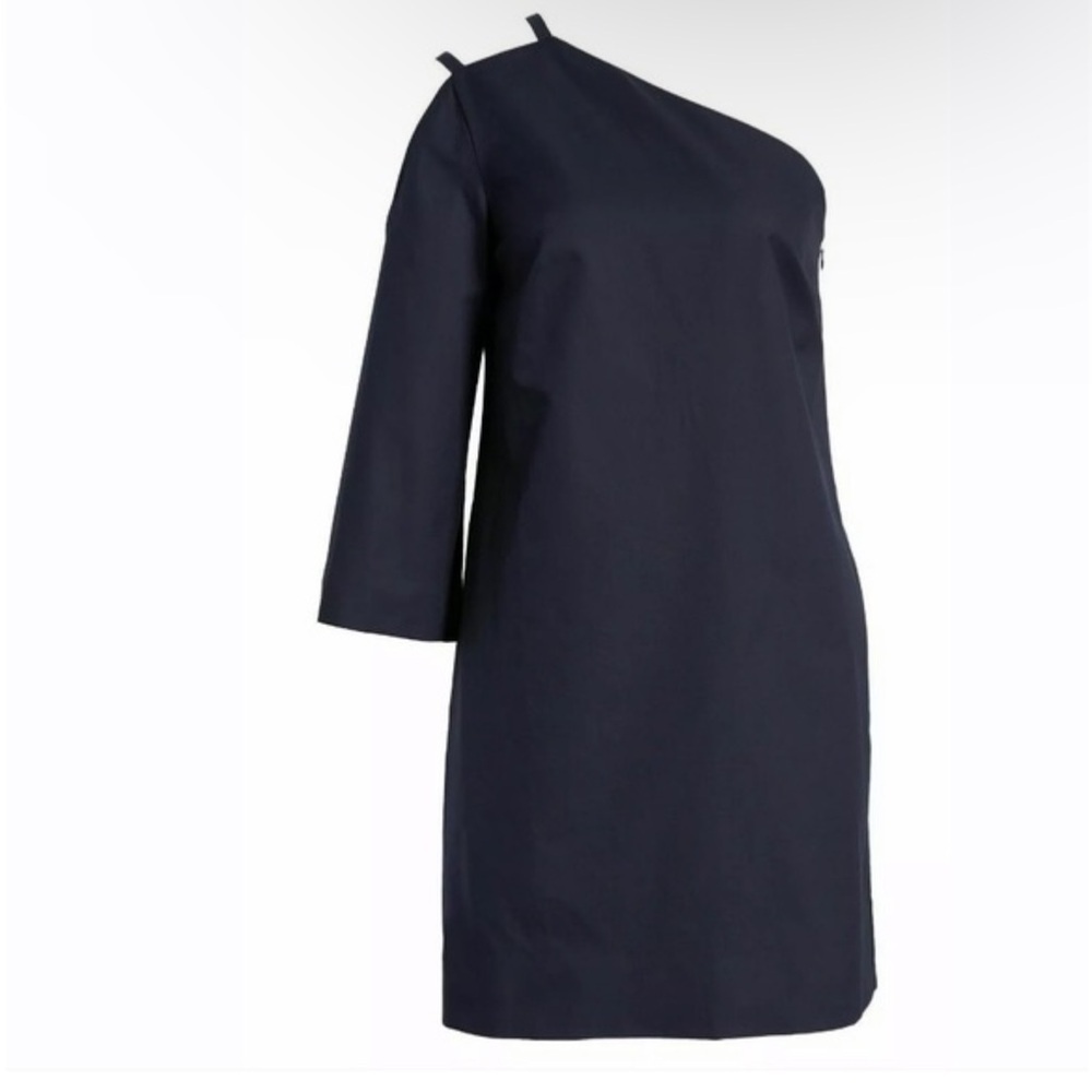 LEWIT Sz 10 Navy 100% Cotton One Shoulder Tunic Mini Dress Evening Cocktail